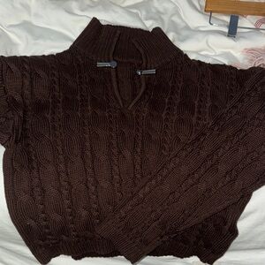 Commense Dark Brown Zip-Up Cable Knit Sweater